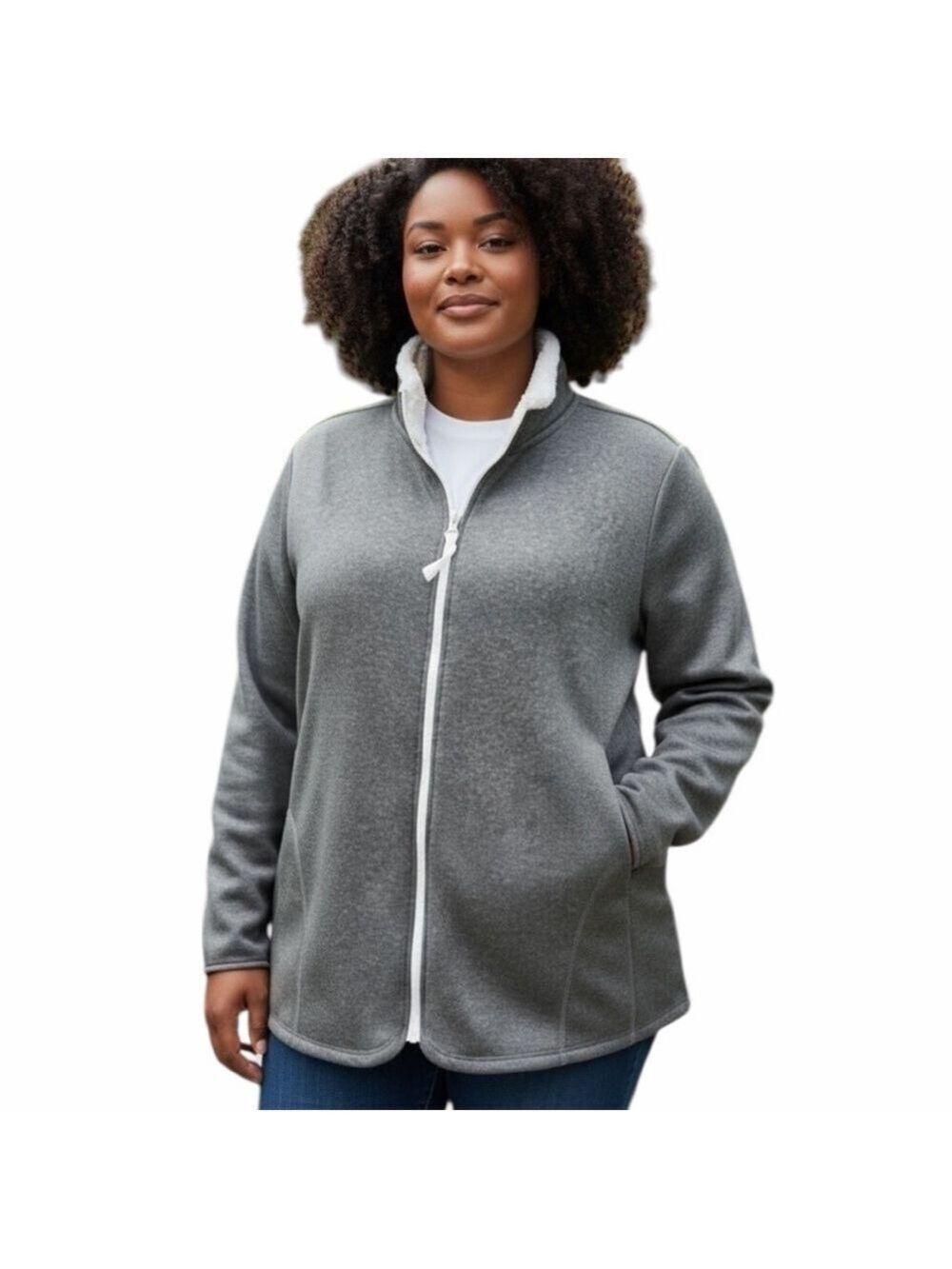 CUDDL DUDS Cozy Gray and White Fleece Jacket Zip Up Side Pockets Size XXL EC